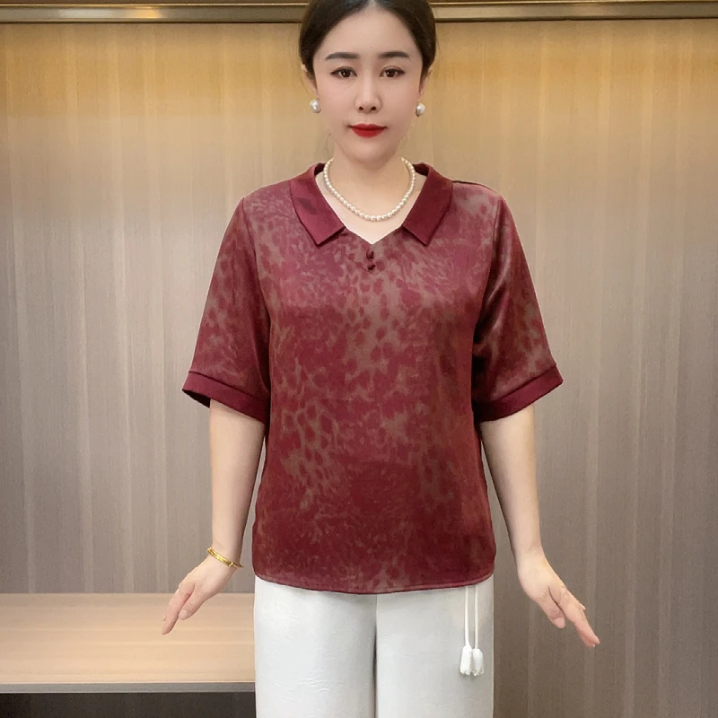 2909新款夏季中老年翻领上衣中袖时尚洋气清凉透气妈妈装女装