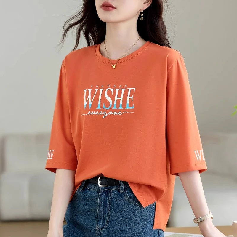 【精梳棉时尚七分袖】夏季新款宽松圆领女装洋气减龄中袖T恤上衣潮