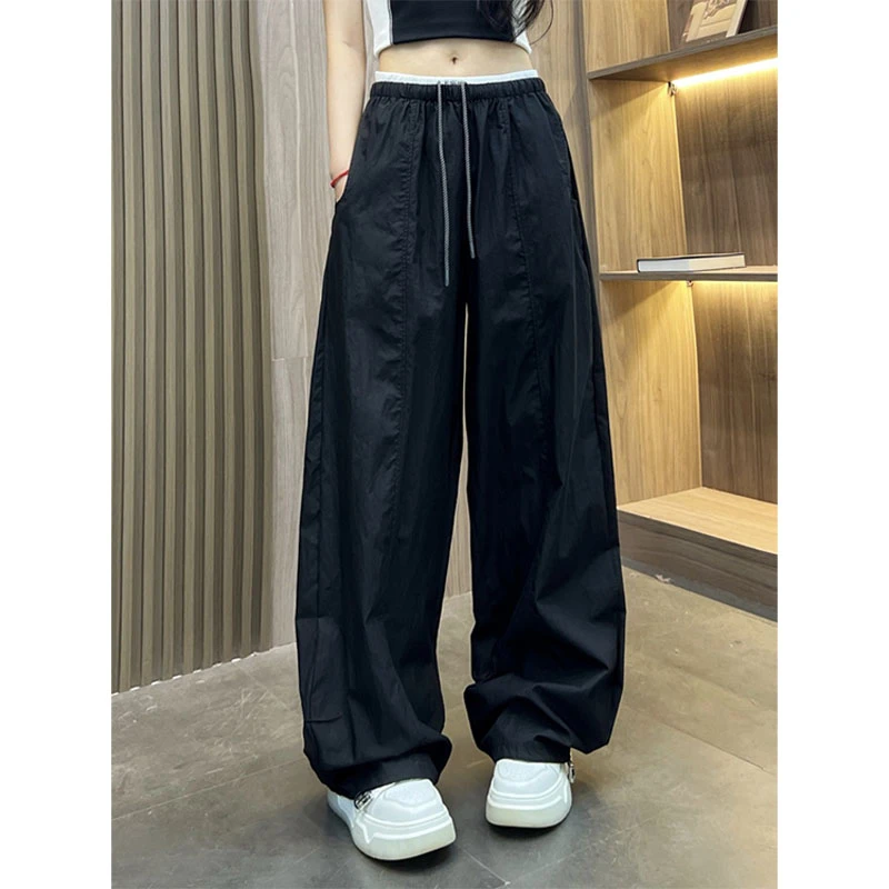 韩版抽绳松紧腰工装休闲裤女春秋新款时尚高腰显瘦气球弯刀阔腿裤