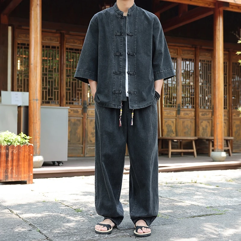 【中秋好礼】夏季软牛仔透气衬衫中国风宽松大码休闲衬衣套装可选