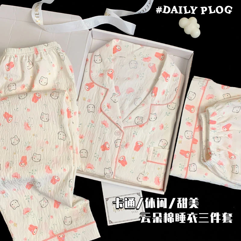 日系云朵棉睡衣女三件套夏季短袖短裤长裤薄款ins可爱学生家居服
