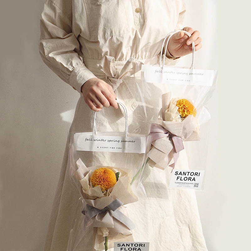 【花姿材】全透明手提袋边框手提袋单支袋插花袋防水塑料鲜花礼品