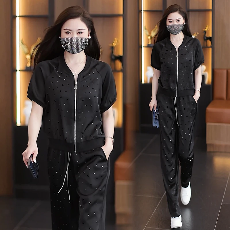 2025夏季新款休闲时尚套装女大码宽松显瘦遮肉气质减龄烫钻两件套