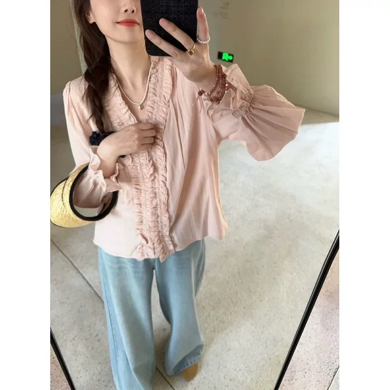 韩系2025春季浪漫法式压褶设计感粉色衬衫女木耳花边小衫上衣百搭