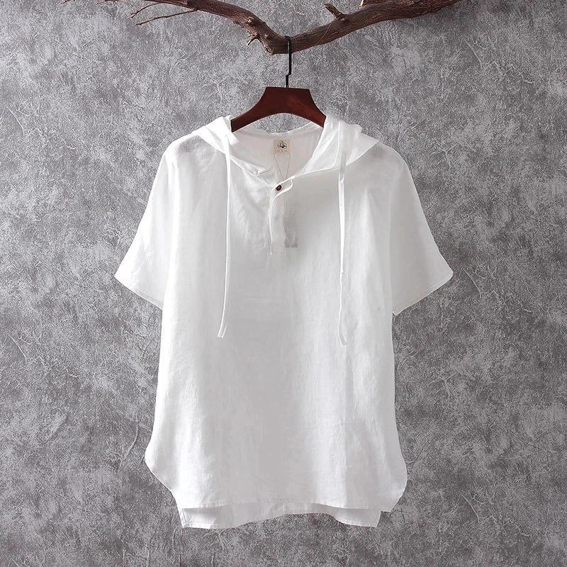 新款中国风亚麻连帽休闲套头上衣夏季中式复古短袖宽松夏装衬衫