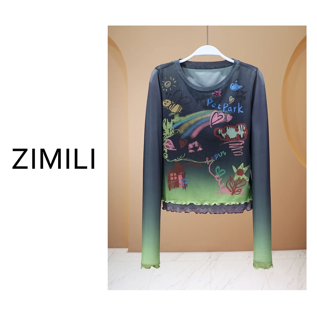 【亮哥女装】2025轻薄冰凉烟灰色渐变童趣印花修身冰丝上衣6603-K7