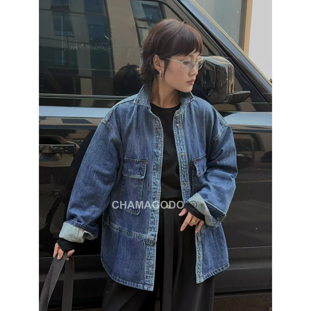 CHA MA GO DO10618设计师款大口袋收腰水洗牛仔外套