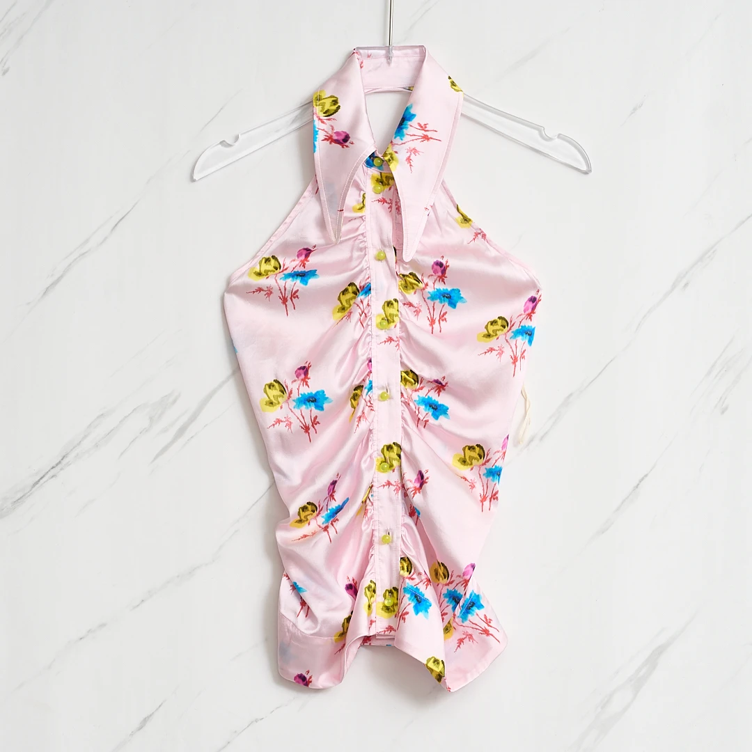 全新未使用/Ganni女士花卉缎面套头衬衣GAGU00142