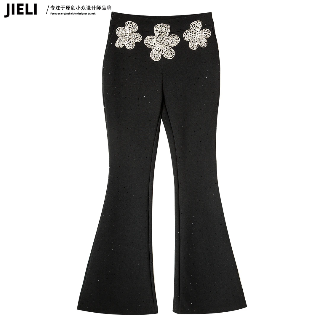 JIE LI/街力高腰黑色微喇裤春秋修身提臀喇叭黑色西裤女W330