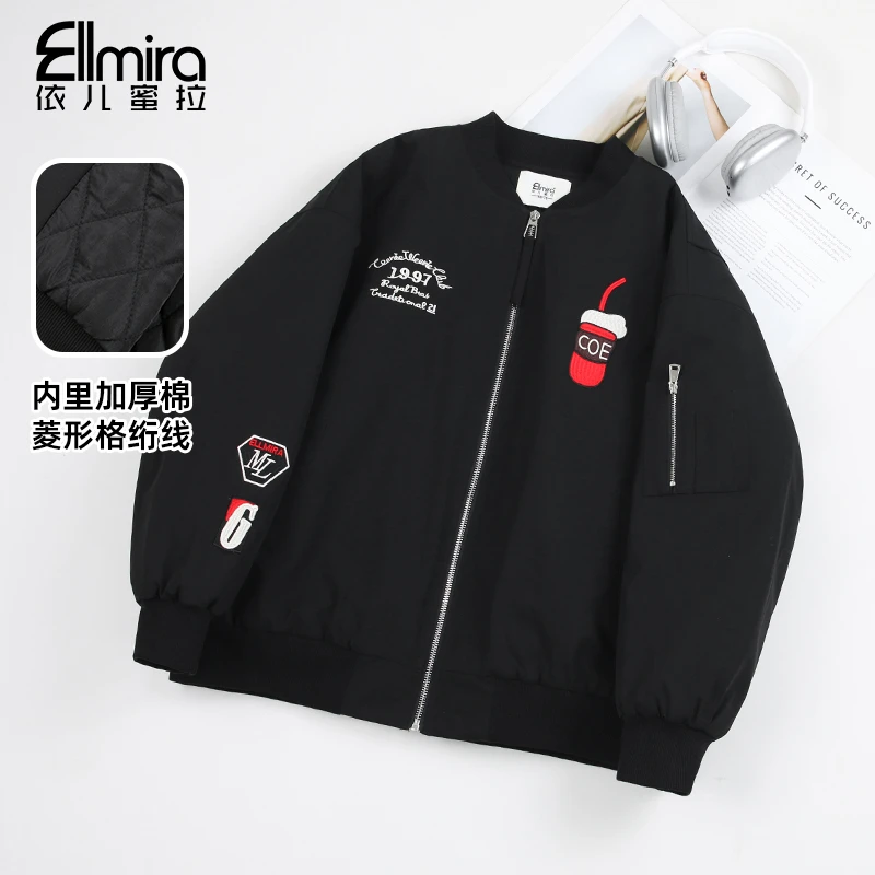【燕宁】9577女童棒球服秋冬夹棉加厚外套黑色夹克时尚大童休闲潮流