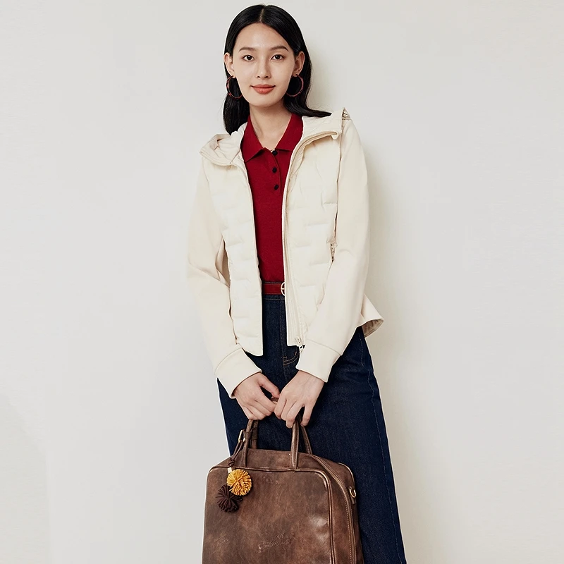 【王雪糕专属】firststation休闲异料拼接修身短款羽绒服女Y101A