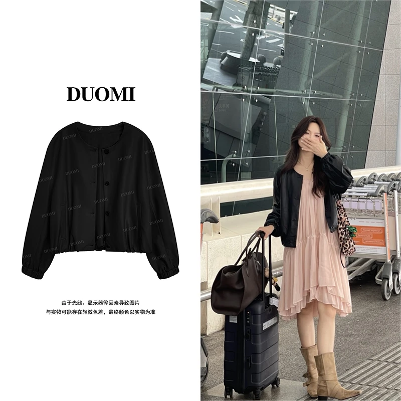 【DUOMI】秋新款女装百搭时尚设计感单排扣短款宽松皮衣外套Q61029