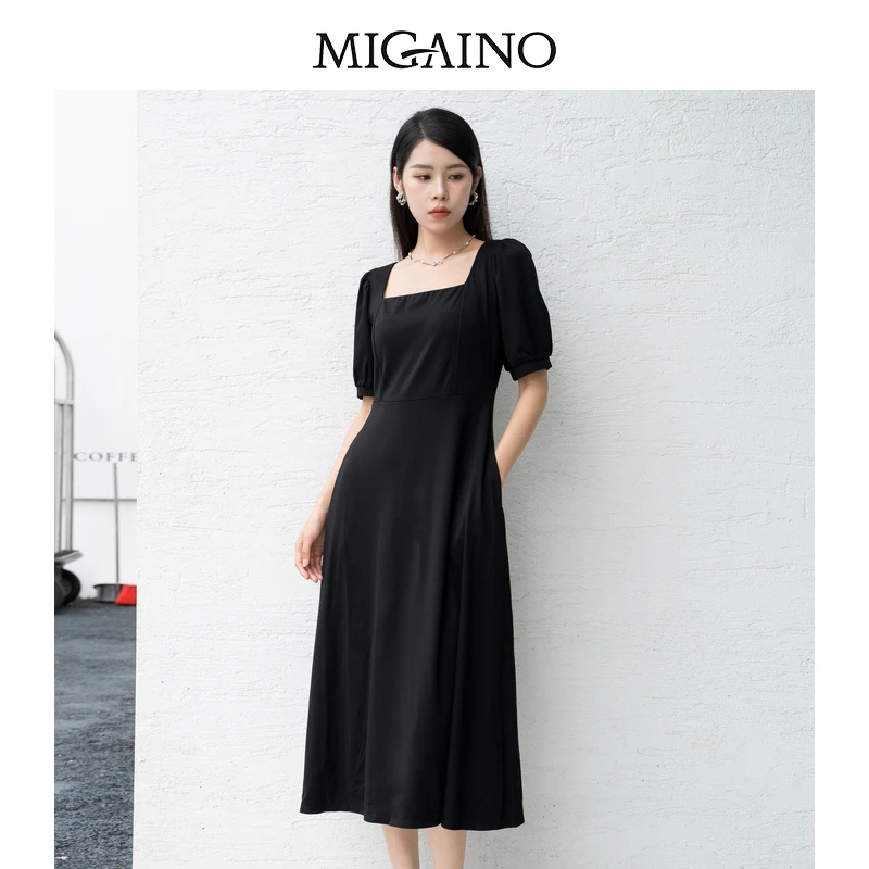 【博主同款】曼娅奴法式方领连衣裙女夏季泡泡袖高腰显瘦长裙