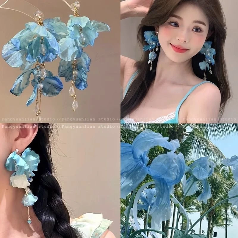 合金耳饰 期待夏天暮光冰萃蓝花朵流苏耳环女海边度假风时尚饰品