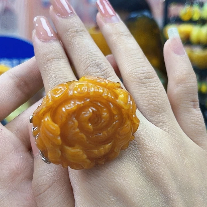 蜜蜡银S925镶嵌裸石戒指