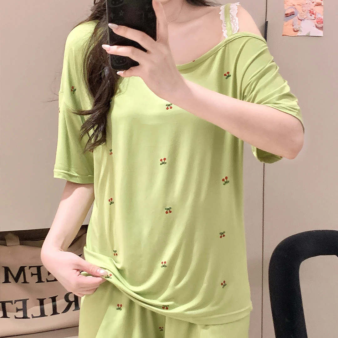 莫代尔棉2025新款夏季短袖睡衣女款两件套家居服韩版樱桃