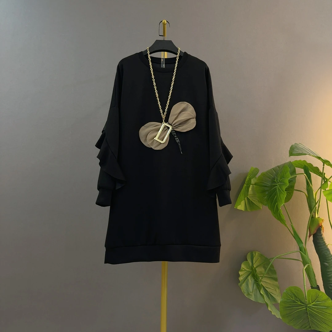 欧货圆领新款时尚蜻蜓设计感木耳边袖显瘦宽松大码女装黑色连衣裙