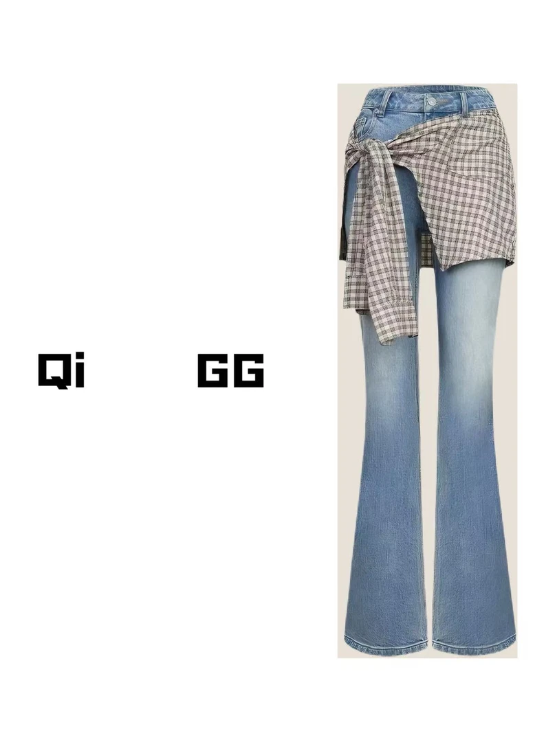 【Qi    GG】假两件绑带微喇牛仔裤