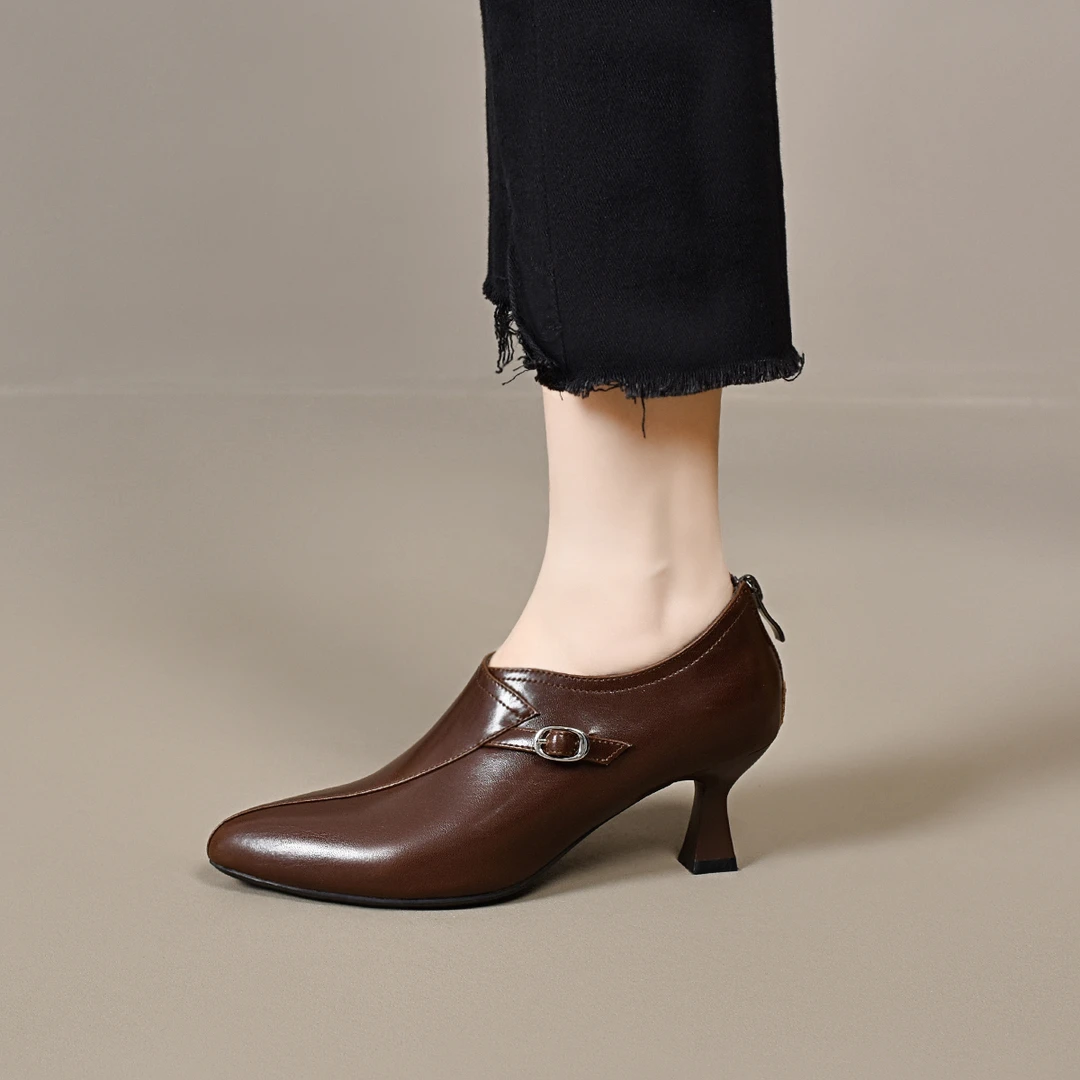 深口单鞋女鞋拉链细跟高跟鞋英伦风细跟单鞋秋季软底尖头轻奢鞋子