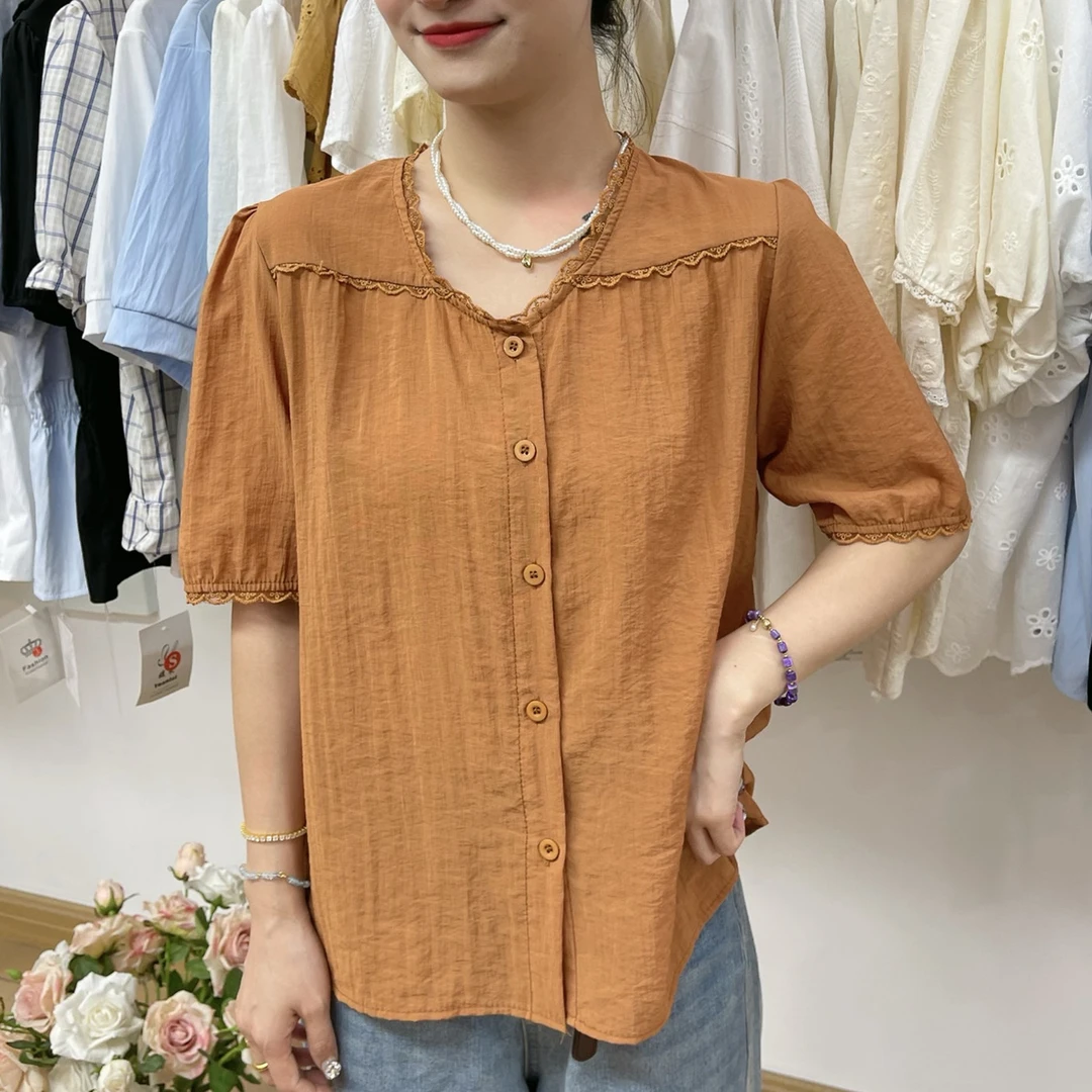 季念夏季圆领短袖新款衬衫小衫宽松显瘦时尚遮肚子开衫拼接上衣女