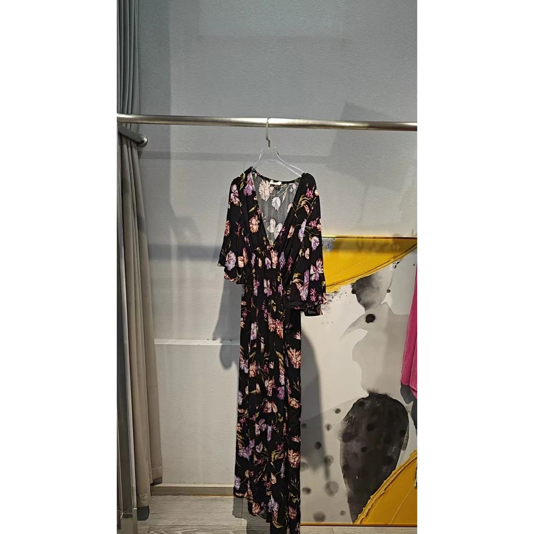 KIKI严选：5737-欧货南油V领印花气质短袖减龄通勤连衣裙