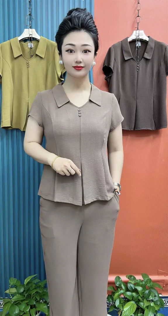 时尚洋气妈妈套装2025夏季新款宽松显瘦减龄短袖上衣裤子两件套女