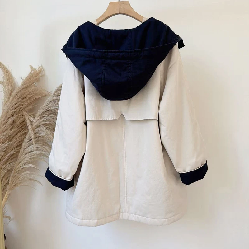 【829】冬季新款休闲纯棉夹棉棉衣棉服拼色连帽中长款风衣外套女