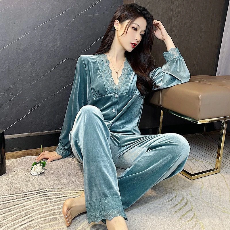 大码女金丝绒睡衣V领蕾丝边长袖两件套韩版开衫可外穿家居服睡衣