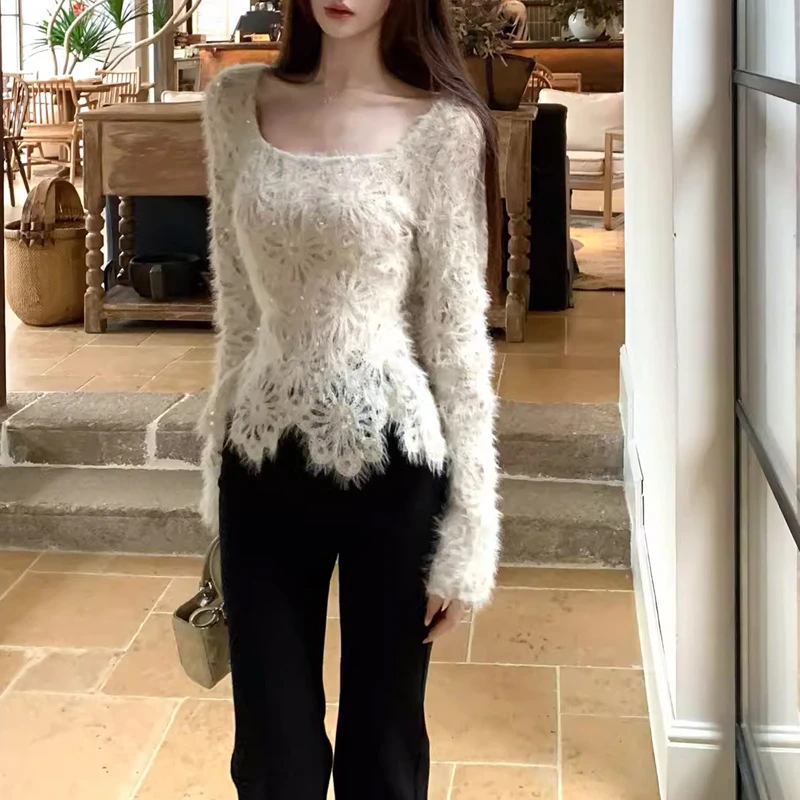 冬新款设计感长袖方领内搭秋冬蕾丝上衣女复古高级感打底衫可外穿