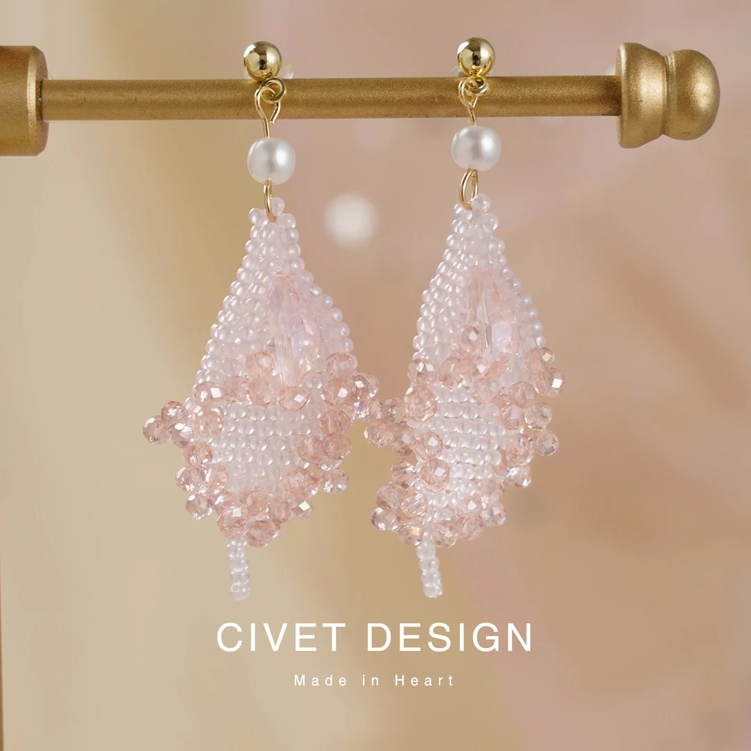 非金属仿水晶耳饰 法式温柔粉串珠流苏少女气质轻奢耳环耳夹女