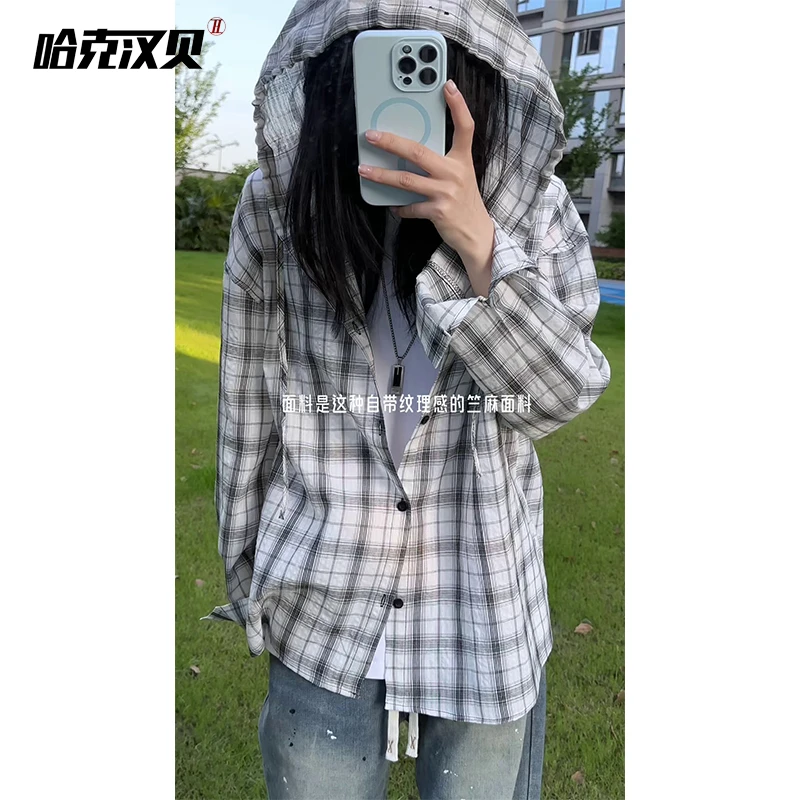 夏季薄款衬衫防晒衣男女同款宽松透气条纹格子连帽衬衣长袖外套男