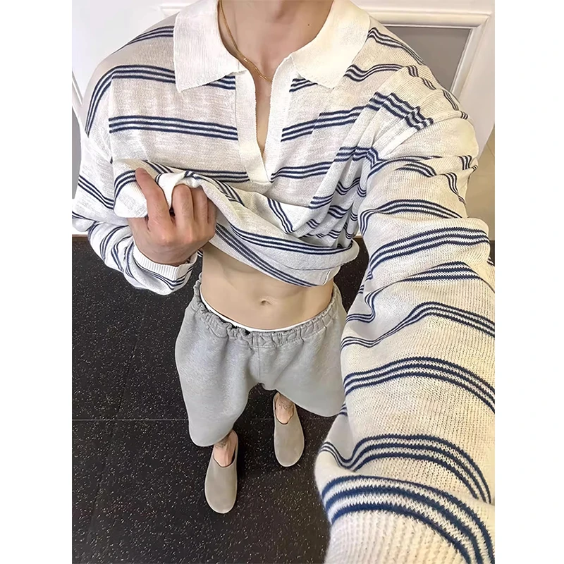 条纹针织Polo衫长袖t恤男夏季轻薄透气冰丝防晒罩衫薄款针织上衣