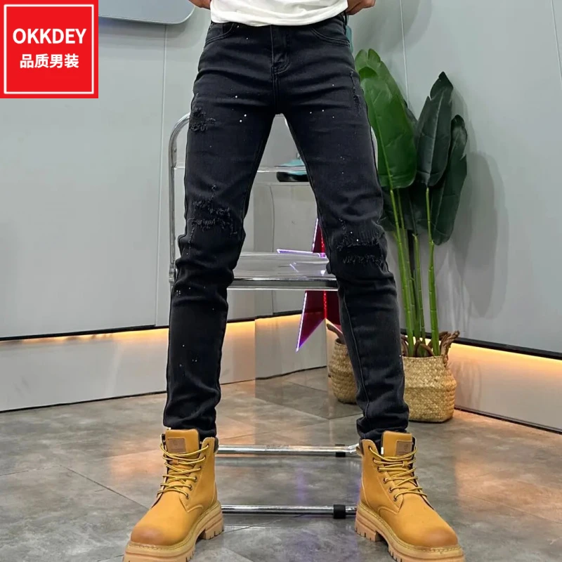春秋季新款男士潮牌破洞牛仔裤轻奢痞帅男装高档直筒休闲小脚长裤