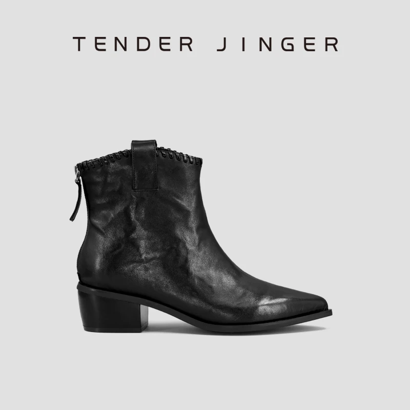 Tender Jinger手抓牛皮尖头短靴切尔西靴ZS1059