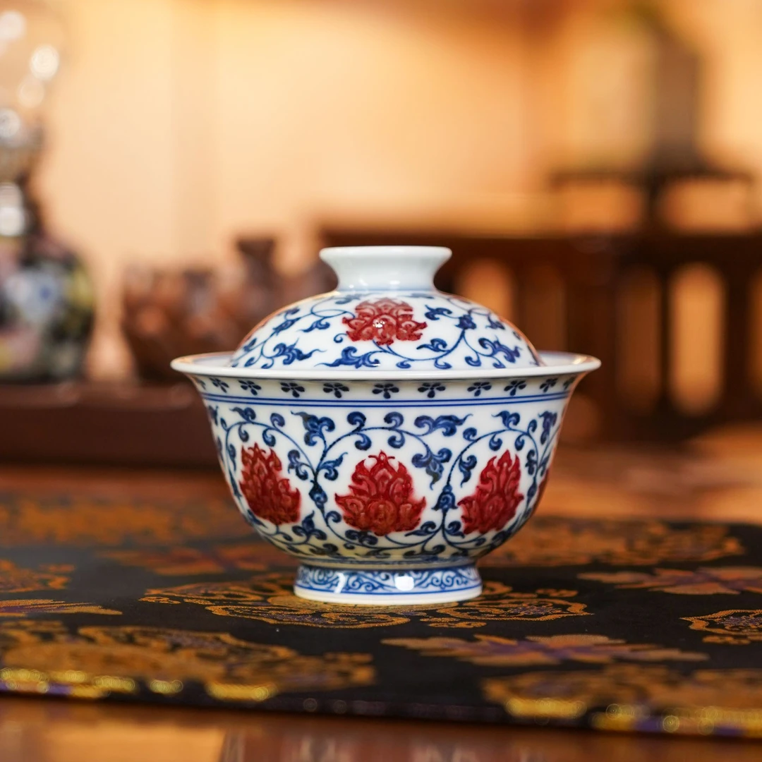 永明尚玩  红绣球缠枝大盖碗  纯手工陶瓷喝茶饮茶 YM173