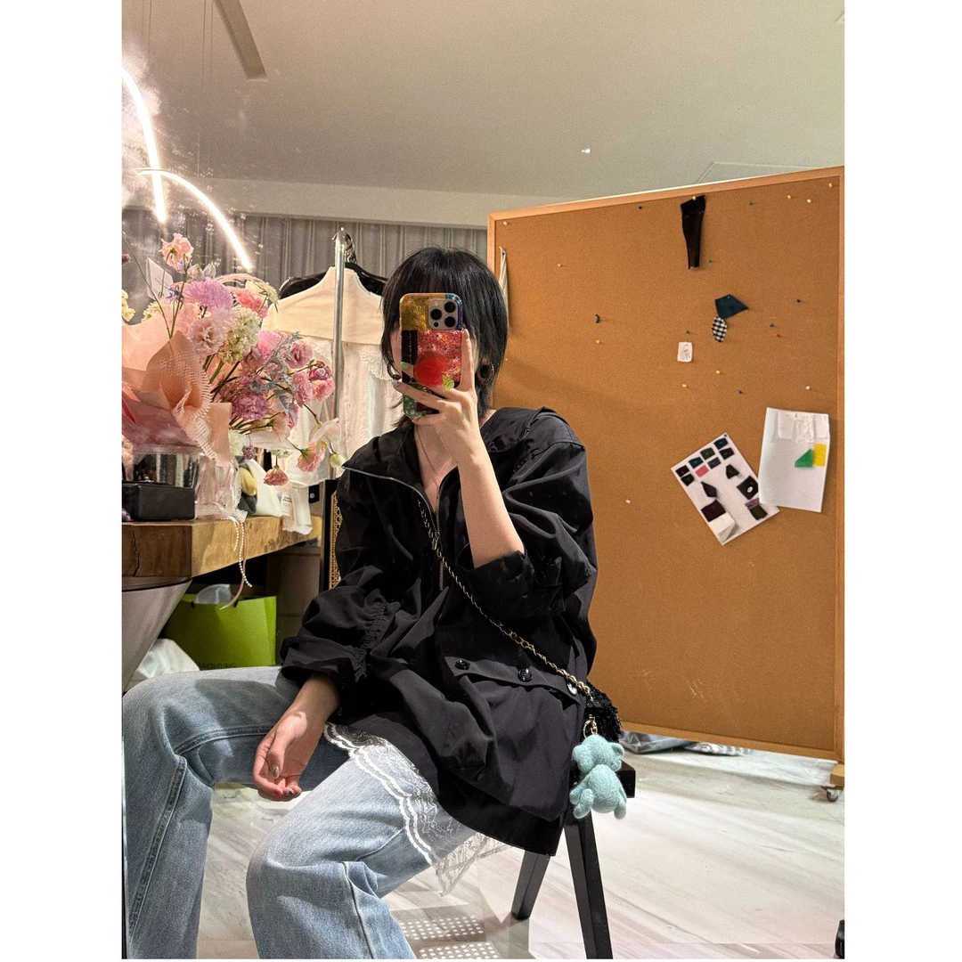 【翻领大口袋】宽松大口袋上衣半拉链廓形连帽风衣罩衫 J24W317