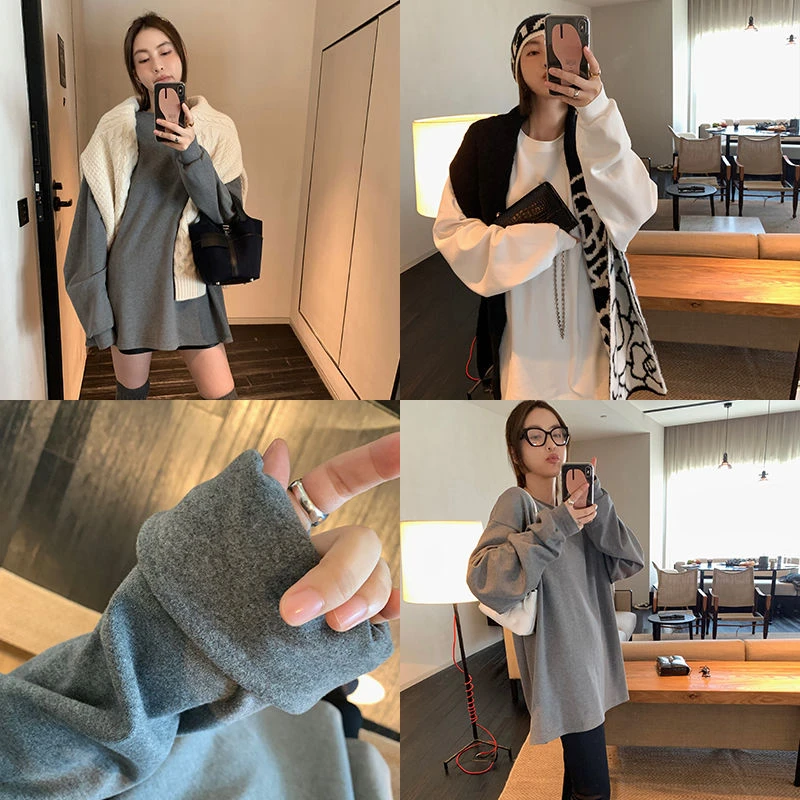 MosesQueen/魔西女王百搭加绒圆领长袖t女秋冬宽松内搭打底衫