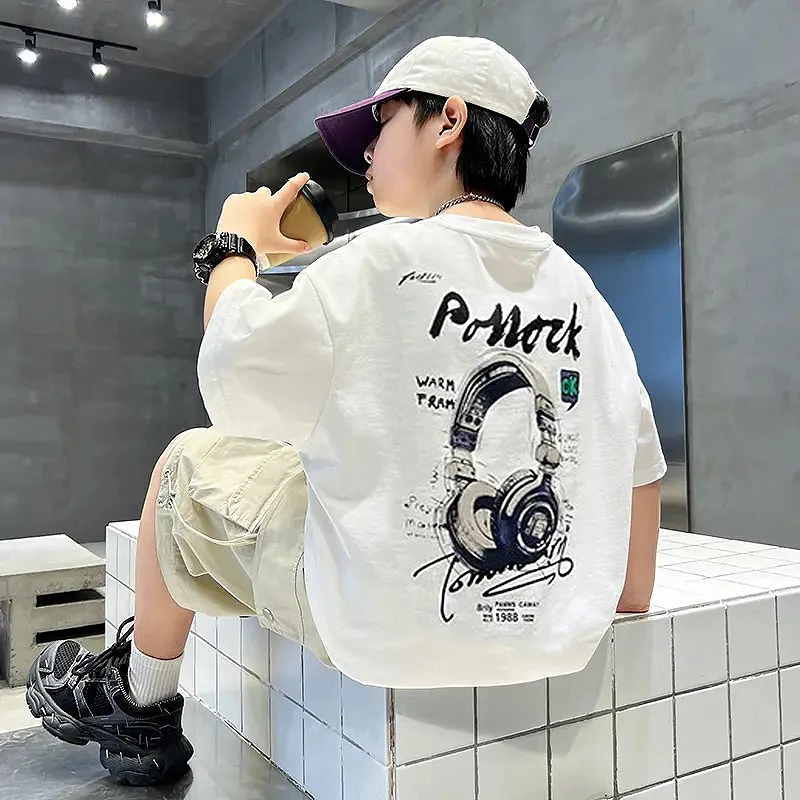 男童短袖t恤2025新款夏季儿童休闲上衣中大童男孩百搭宽松时髦潮T