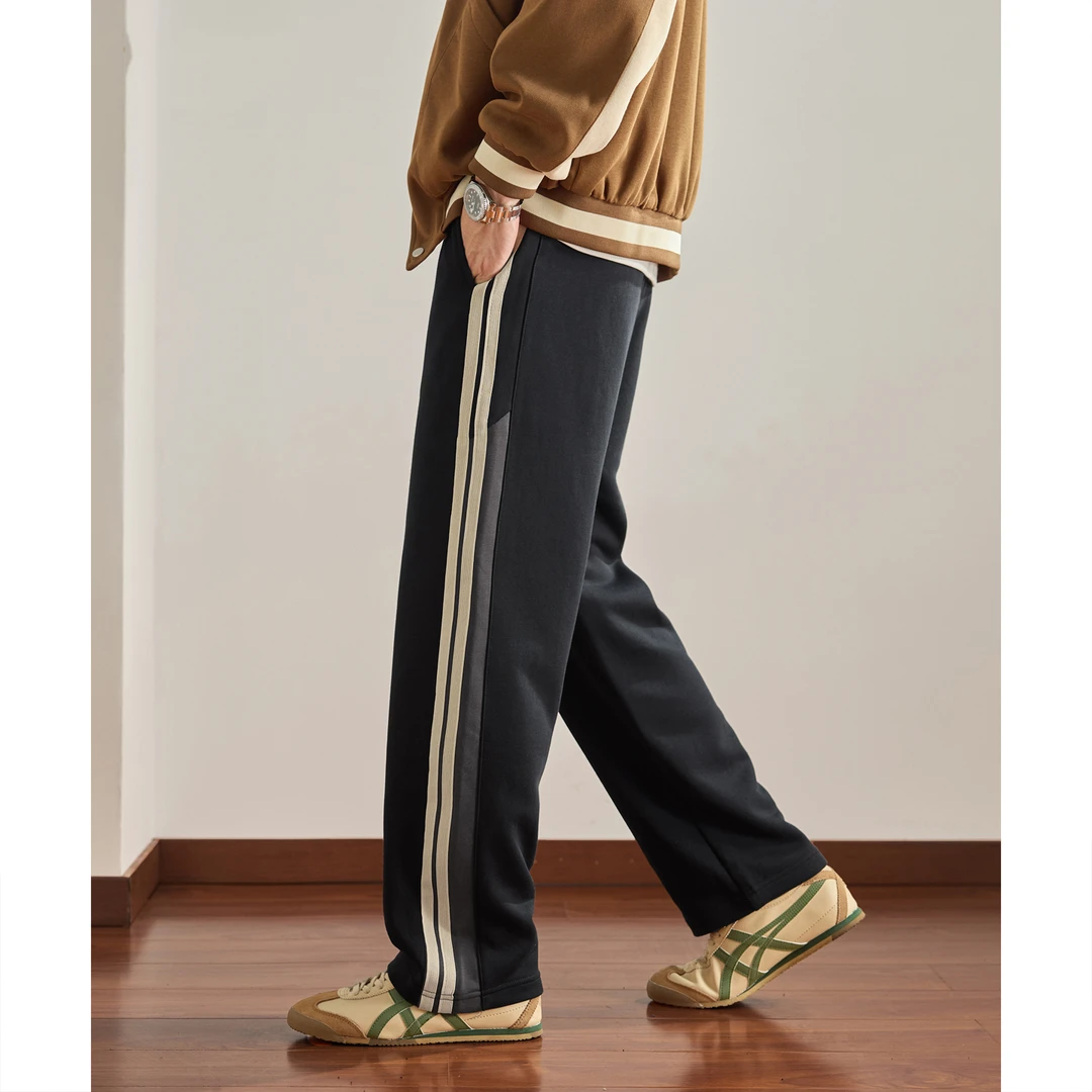 潮牌拼接撞色条纹休闲裤男士秋冬季加绒宽松大码垂感直筒运动裤男