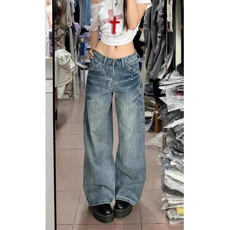 设计感宽松休闲显瘦牛仔裤女2025夏秋新款美式复古铆钉低腰直筒裤