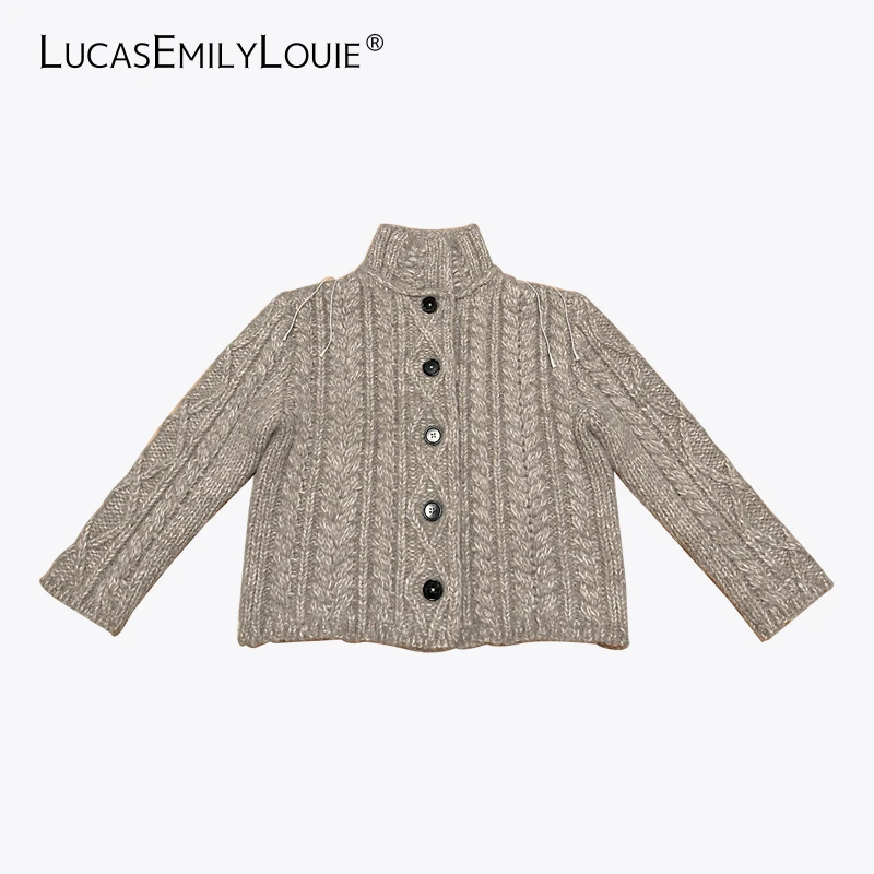 LUCASEMILYLOUIE 复古粗针麻花纹开衫厚毛衣外套2410101