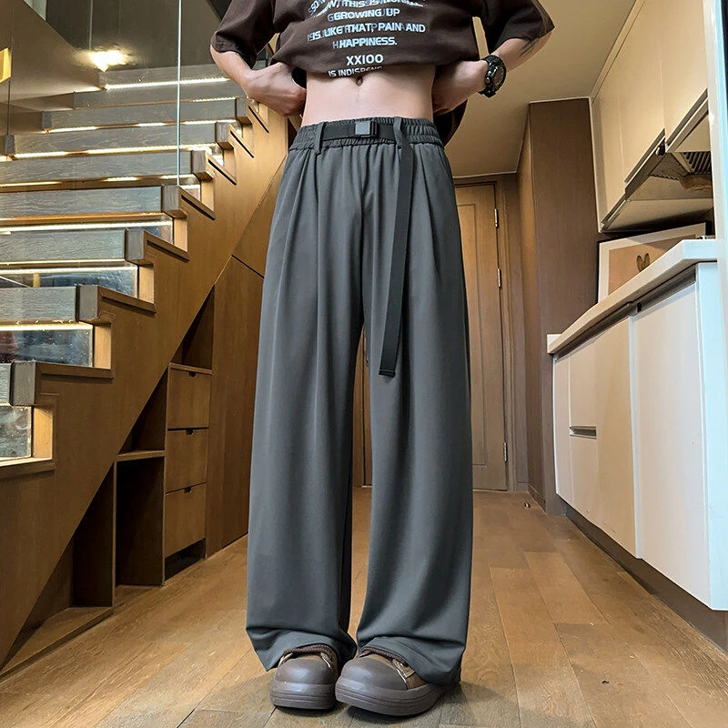 港风夏季腰带休闲裤男生垂感顺滑直筒阔腿百搭宽松休闲长裤