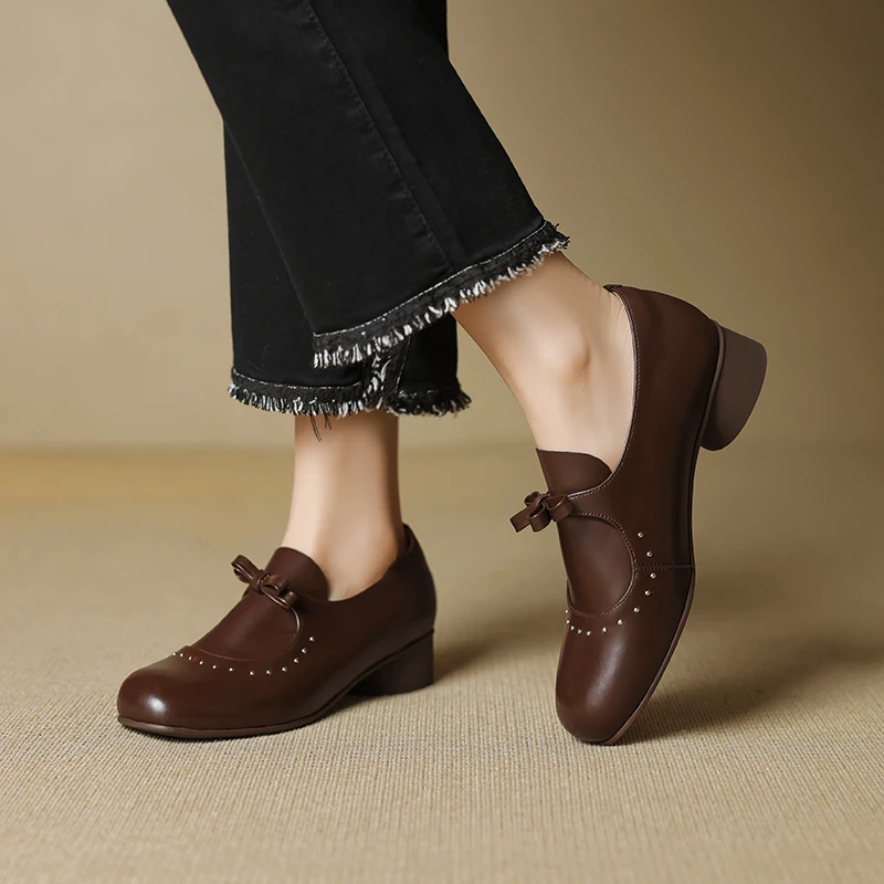 3.5CM，牛皮单鞋粗跟英伦风皮鞋低跟圆头复古女英伦风低跟女式皮鞋