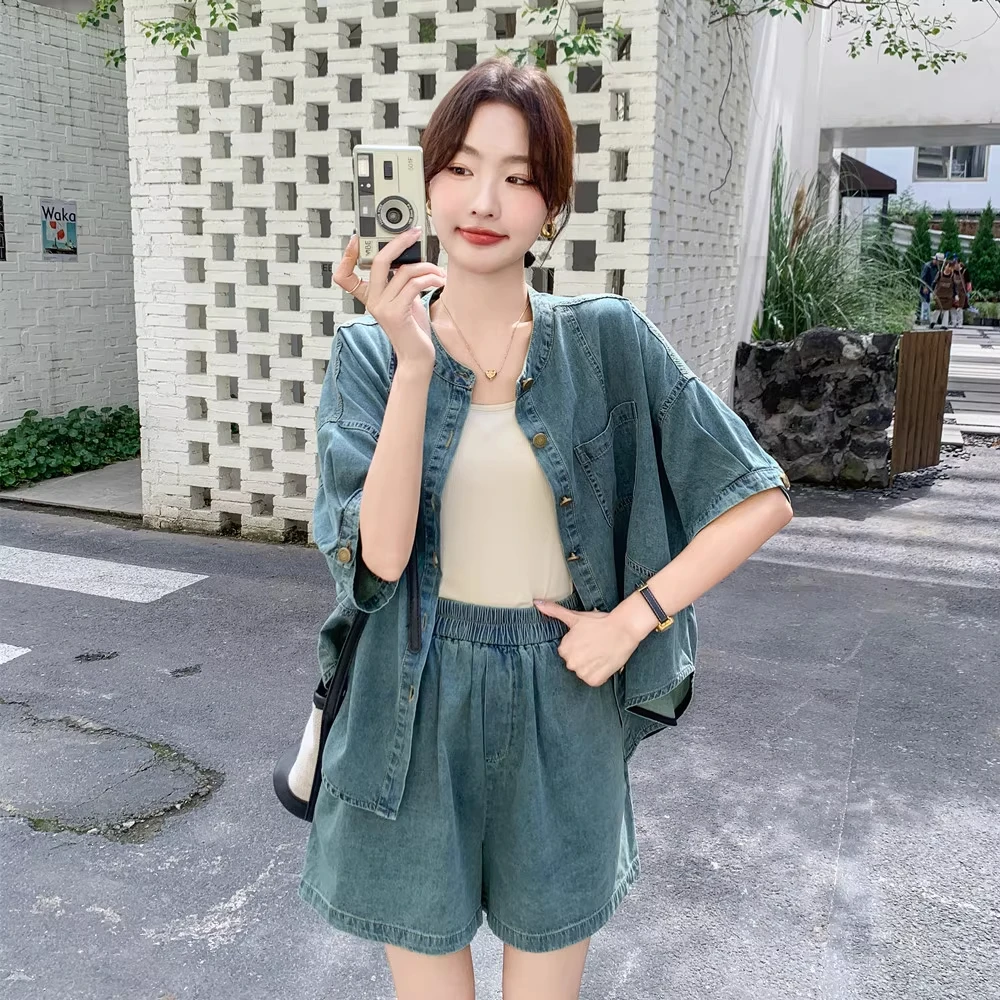 夏季盐系甜酷炸街小牛仔短裤上衣两件套女小个子大码宽松外穿套装
