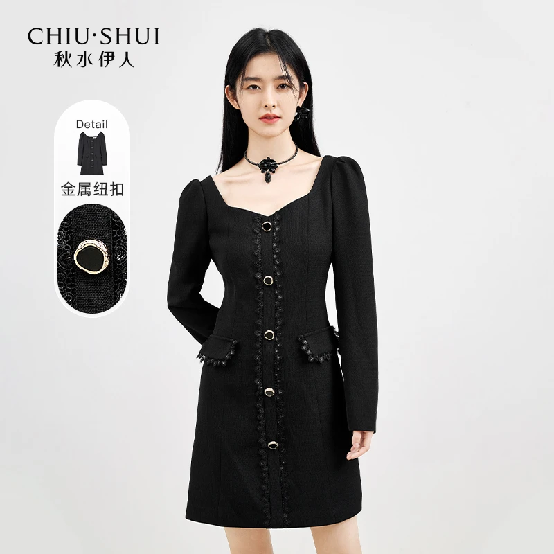 【直播】秋水伊人小香风连衣裙泡泡袖短款小黑裙子623102A020312