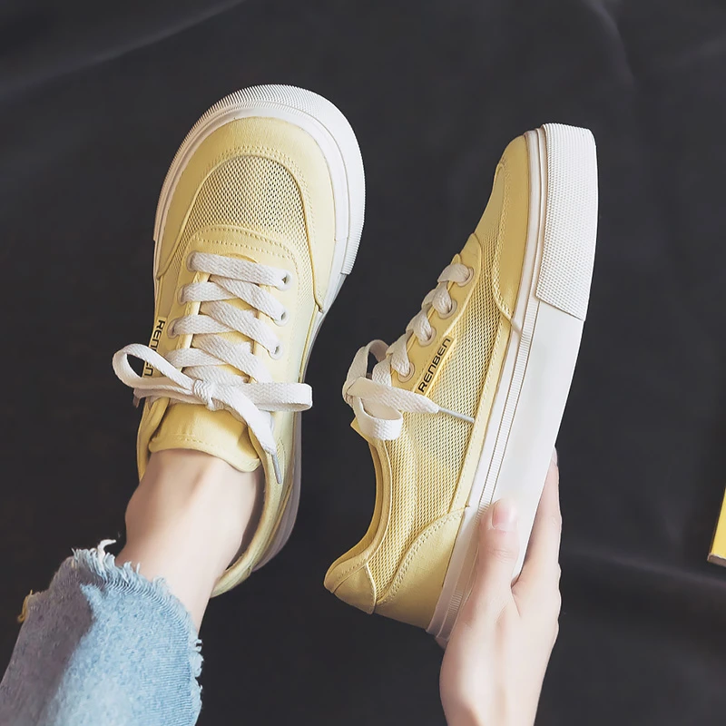 人本女鞋2025年新款夏季薄款透气帆布鞋百搭板鞋夏款厚底网面网鞋