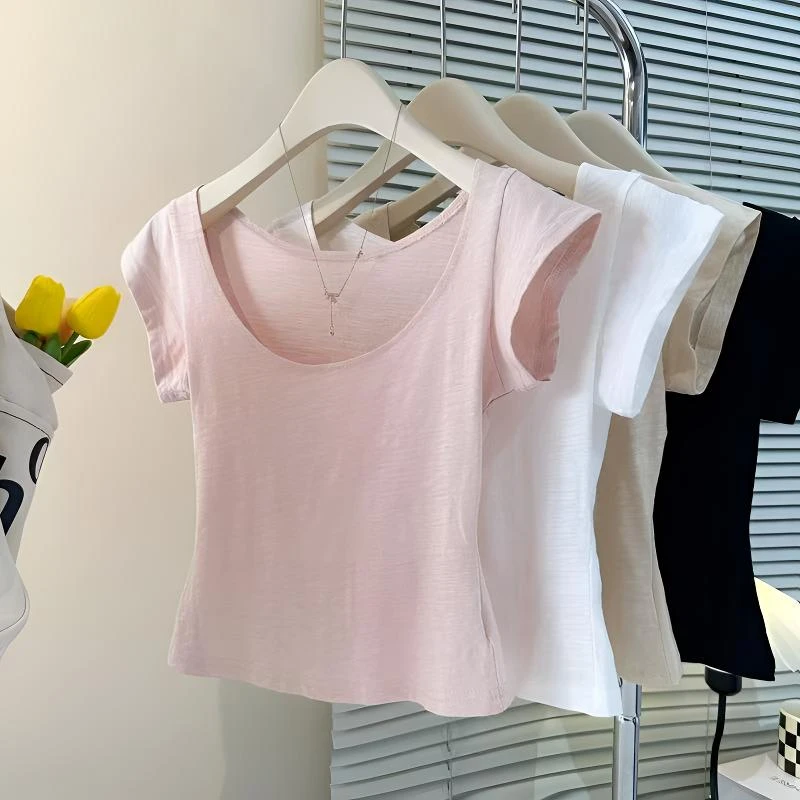 2025新款韩系甜辣妹U领一字领露肩T恤女装夏季修身显瘦短袖上衣