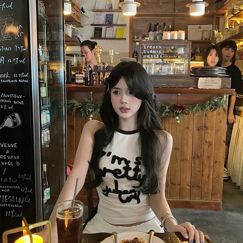 白色字母辣妹吊带背心女夏季无袖修身内搭设计感纯欲显瘦上衣外穿