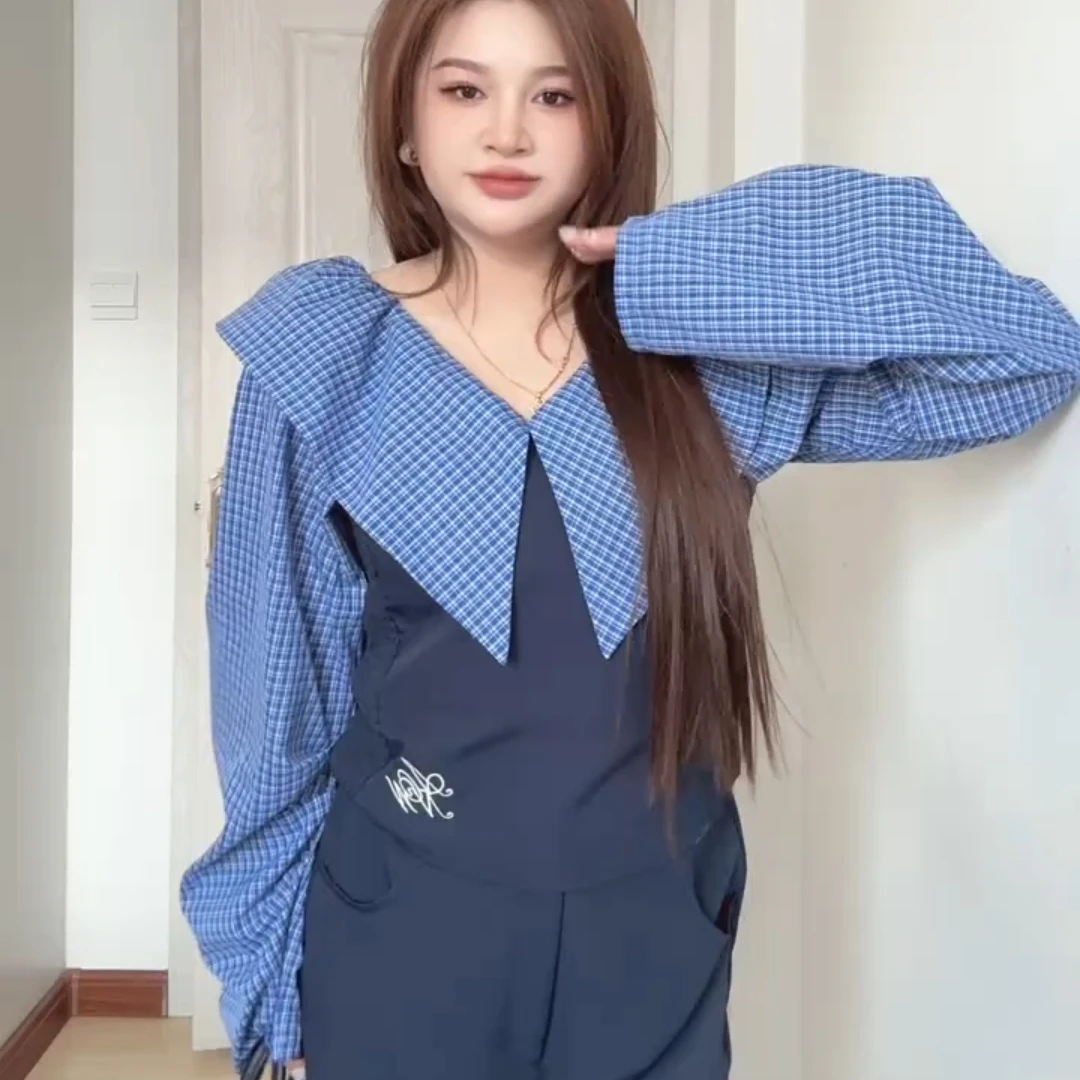 春季2025超火撞色拼接条纹衬衫