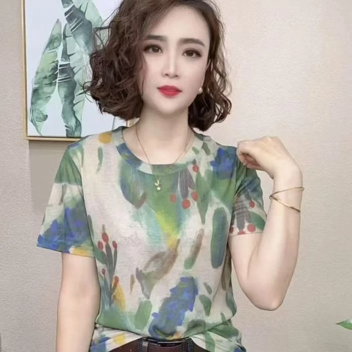 2025气质减龄圆领短袖新款设计感T恤女洋气百搭时尚晕染显瘦上衣